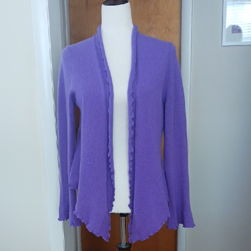 Cynthia Rowley Cashmere Sweater Long Sleeve Open Front Ruffles Purple M